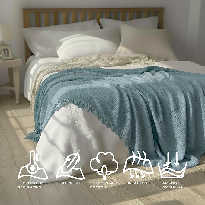 KyraHome 100% Organic Cotton Muslin Blankets, 90"x90" Queen, Pre-Washed, Breathable Lightweight Gauze Cotton Blanket for Couch, Adults, All Season (Slate Blue)