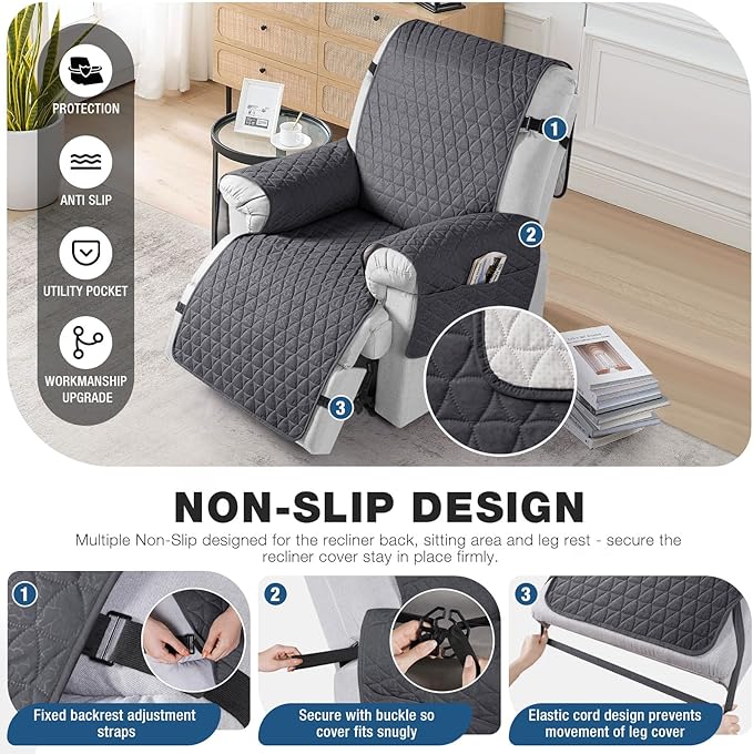 TAOCOCO 100% Waterproof Recliner Cover - Recliner Cover with Non-Slip Granule, Recliner Chair Covers with Elastic Band, Recliner Chair Covers for Reclining Chair(Dark Grey,Small-22'')