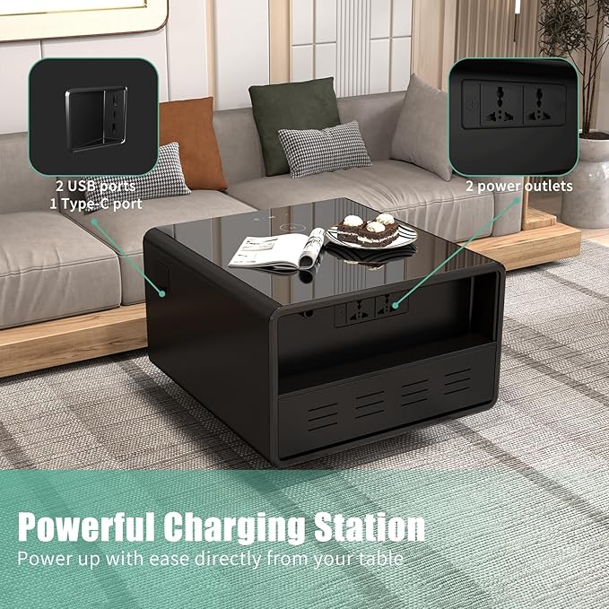 Smart Side Table with Fridge, Smart Nightstand with Refrigerator, Induction Light, Temperature Control, Wireless Charging, Power Socket, USB Ports, Outlet Protection (Black, LT65 Pro)