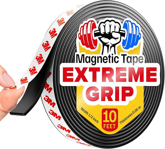Super Sticky Magnetic Tape (10 feet x 1/2 inch) - Stong Magnet Strip with Adhesive Backing for DIY & Crafts - Easy to Cut and Mount on Fridges, Whiteboards & More