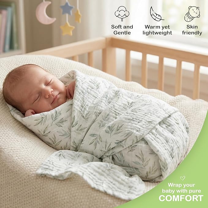 Organic Cotton Muslin Baby Blanket - 47x47 Inch Breathable Swaddle, Hypoallergenic Double-Layer, Versatile Use (Green/Ivory/Floral, 38x40 Inch)