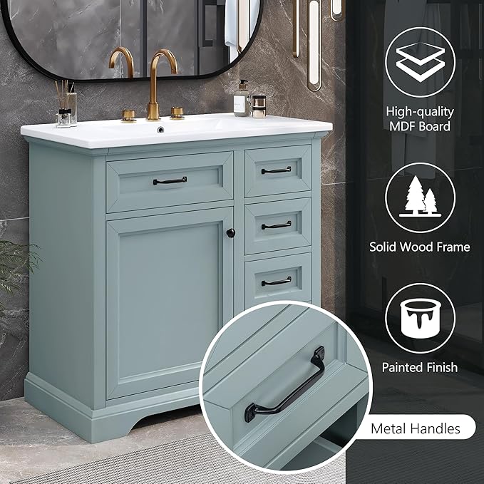 Christopher Knight Home 36" Bathroom Vanity with Ceramic Sink, Wooden Bathroom Vanity Organizer, Bathroom Storage Cabinet, Pedestal Sink Storage Cabinet, Adjustable Door Shelves+Drawer, Green Grey