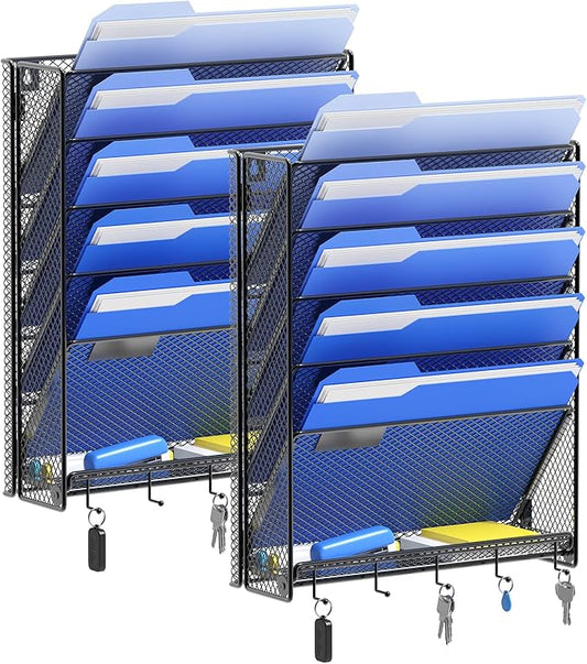 Hanging Wall File Organizer with Hooks, 6 Tier Vertical Wall Mount File Holder, Paper Document Mail Organizer for Office, Pack of 2
