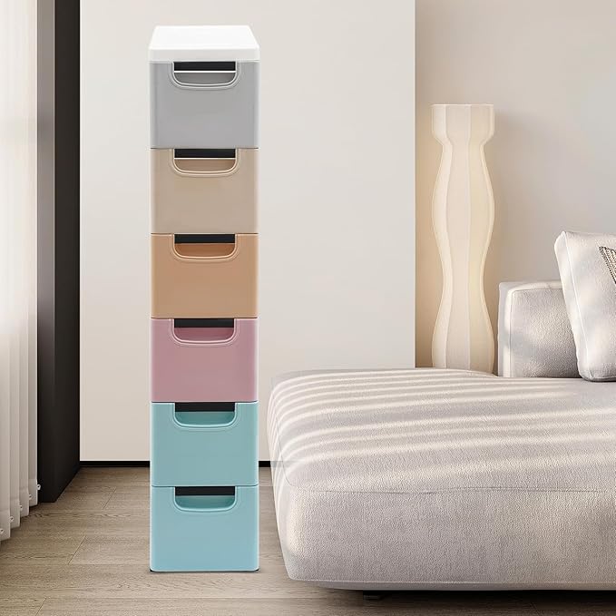 6 Drawers Storage Cart Rolling Storage Drawer Cart Narrow Plastic Dresser Rolling Organizer Cart Storage Unit on Wheels Bathroom Art Craft Supplies Mobile Slim Utility (Pale color)