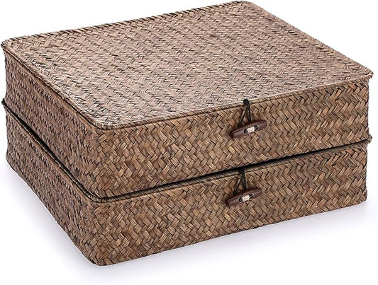 Hipiwe Woven Wicker Basket Bins with Lid - Set of 2 FLat Seagrass Storage Baskets Boxes Rectangular Shelf Baskets Home Organizer Bin for Shelf Organizing (Large Size, Coffee)