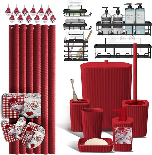 Clara Clark Bathroom Set - Christmas Bathroom Accessories Set, 27PC Bathroom Accessory Set, Christmas Bathroom Sets with Bathroom Rugs, Adhesive Corner Shower Caddy Hanging, Toilet Brush & Trash Can