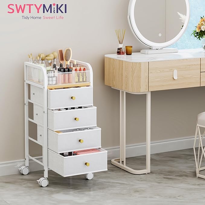 SWTYMIKI Rolling Makeup Organizer Cart - Floor Skincare Make Up Storage with 4 Non-woven Drawers, Vanity Organizer Cosmetic Display Cases Cabinet for Skin Care Perfume Nail Polish Brush Hair Tool
