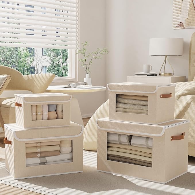 Foldable Storage Boxes with Lids, Linen Closet Organizers,10.2 x 7.8 x 6.7 Inch Storage Bins for Shelves with Handles, Beige, 3-Pack