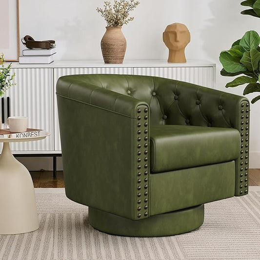 Swivel Barrel Accent Chair,Round Nailhead Faux Leather Living Room Arm Chairs,Modern Upholstered Comfty Reading Nook Chairs for Bedroom,Small Club Armchair,Single Sofa Side Chair,Olive Green
