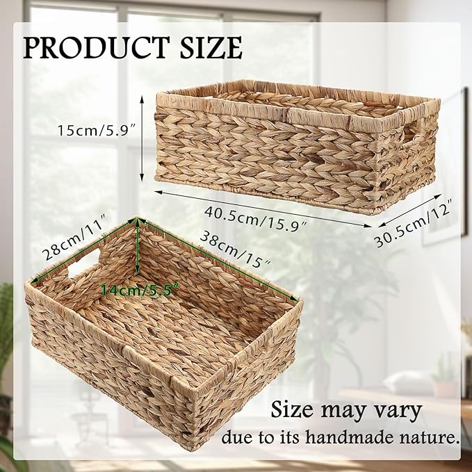Wicker Basket for Shelf Natural Water Hyacinth Storage Baskets with Built-in Handles Rectangular Handwoven Basket Bin for Bathroom Kitchen Home Decor,X-Large