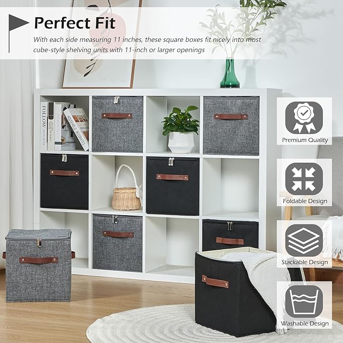4PCS Storage Cubes with Lid Fabric Storage Bins Boxes PU Leather Handles Cotton Linen Closet Organizer Container Decorative Foldable Washable Shelf Cloth Basket (Zipper Lid, Black, 11in)