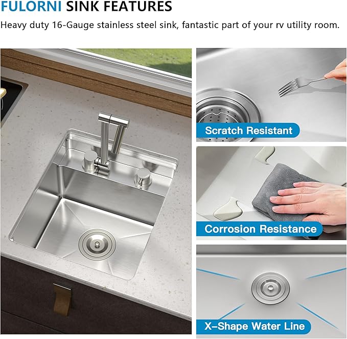 15 Inch RV Kitchen Sink - Fulorni 15"x17" Outdoor RV Mobile Camper Wet Bar Prep Sink Undermount 16 Gauge Stainless Steel Single Bowl Basin with Foldable Faucet
