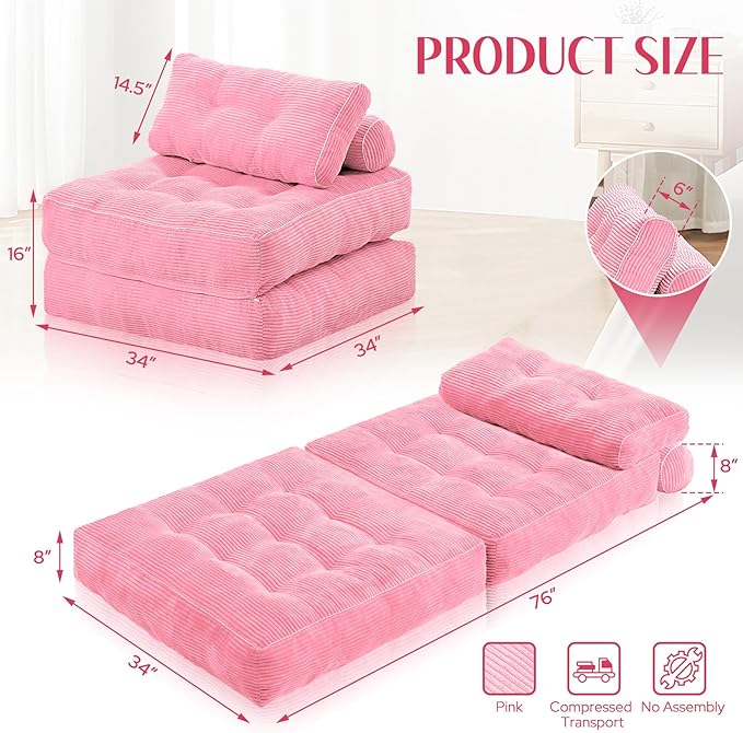 HABUTWAY Folding Sofa Bed, Convertible Sleeper Chair Bed w/Dual-Pillow & Handle, Foldable Floor Sofa Lounge w/Back Support for Living Room, Bedroom, Apartment, Office, Single, Pink