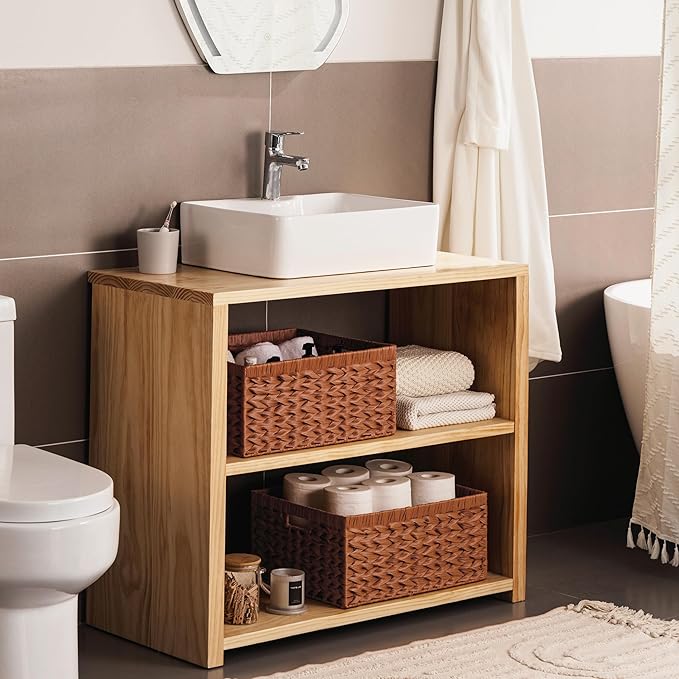 Storage Baskets with Label — Wicker Pantry Baskets for Shelves, Waterproof Woven Basket for Organizing, 2-Pack Plastic Rectangle Organizers with Handles, Light Brown (16.5L×13W×7.5H)
