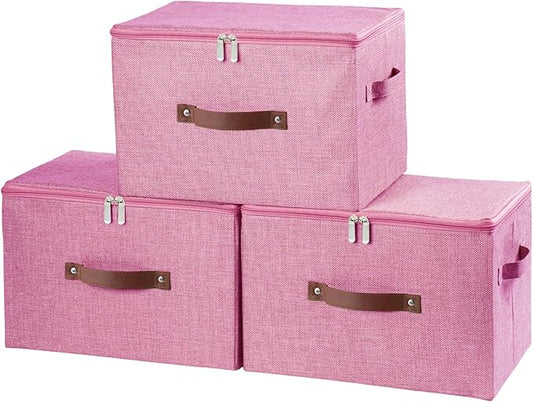 3 Pack Storage Bins with Zipper Lid Fabric Lidded Storage Boxes Baskets Cubes Washable Collapsible PU Leather Handle Cotton Linen Shelves Closet Organizer Container(Pink, Large Size)