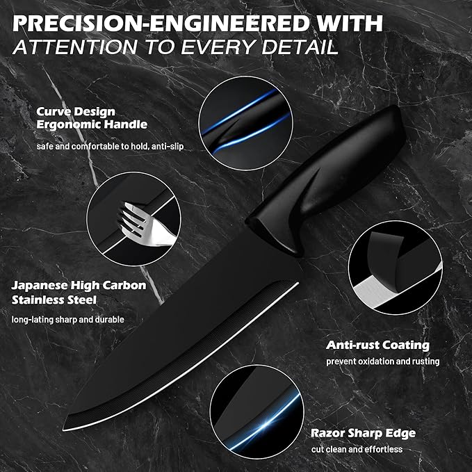 Knife Set, KroWallu 20 Pieces Knife Sets for Kitchen with Block, Dishwasher Safe Kitchen Knife Set with Built-in Sharpener, Japanese Stainless Steel Black Knife Block Set