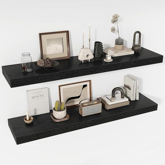48 Inch Floating Shelves, 12" Deep Floating Shelf Wall Mounted, 48" Wall Shelves, Rustic Deep Bookshelf, Extra Deeper & Thicker Display Shelves for Bedroom, Living Room, Black, Set of 2