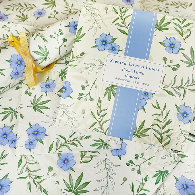 SCENTORINI Scented Drawer Liners for Dresser, 12 Sheets Linen Scent Drawer Paper Liners,14.3x19.5 Inch Scented Paper Sheets for Home Shelf Closet Bedroom Drawers