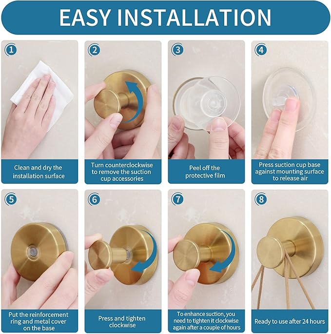 Deluwire Suction Cup Hooks for Shower,2 PCS No Drill Bathroom Hooks for Towels, Robes,Removable Towel Holder for Bathroom Wall,Kitchen,Glass,Mirror,Hanging up to 15 lbs,Loofah-Gold