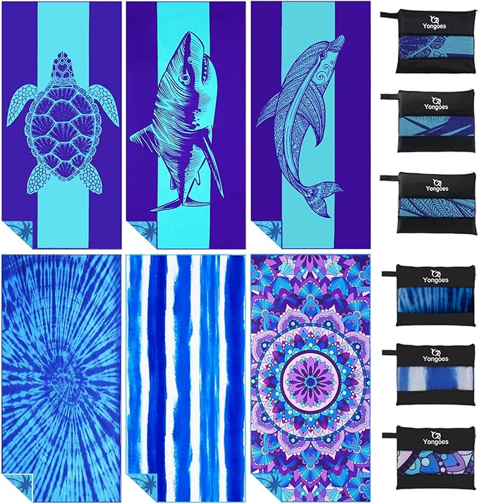 6 Pack Microfiber Lightweight Thin Beach Towel Sand Free Quick Dry Super Absorbent Large Towels for Swimming Pool Yoga Gym Travel Vacation Beach Accessories Essentials for Adults