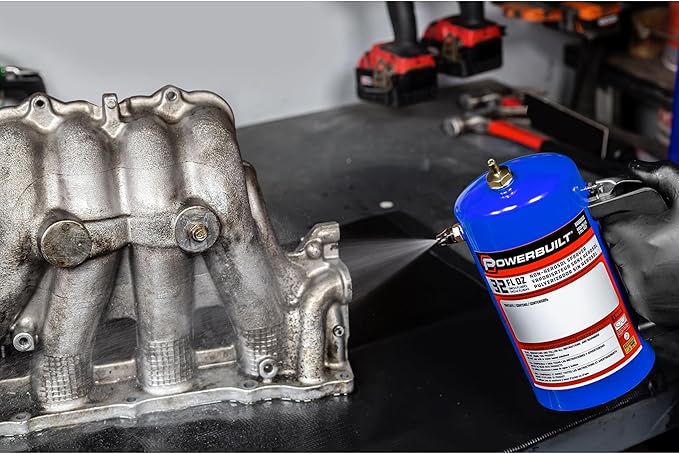 Powerbuilt 1 Quart Refillable Non-Aerosol Pressurized Sprayer for Oil, Lubricants, Degreasers - 32oz Canister w/Brass Nozzles & Stainless-Steel Corrosion Resistant Core, 2 Pack Blue & Red - 643102ECE