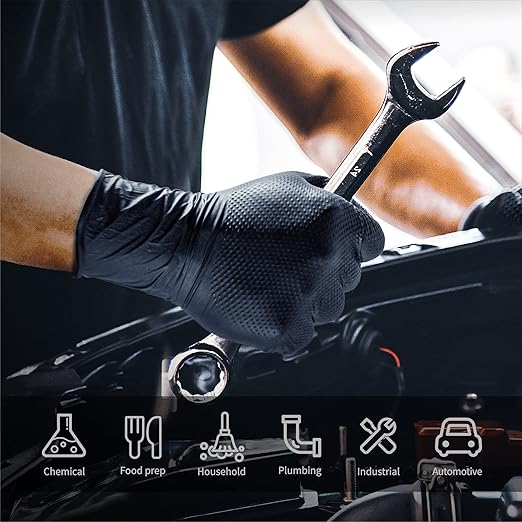 10mil Nitrile-Gloves Disposable-Black Chemical-Resistant Rubber - Mechanic Gloves Heavy Duty, Latex Free, Diamond Grip (500, X-Large)