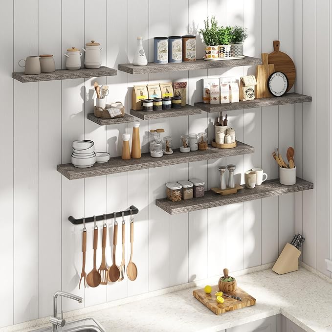 8 Inch Square Floating Shelves for Wall 3 Pack, 8"D Wood Grain Bathroom Shelves with Invisible Brackets, Easy Install Engineered Wood Storage Shelves for Kitchen, Living Room, Bedroom, Grey Oak Finish