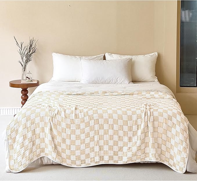 SANACYNA Queen Muslin Blankets for Adults 100% Cotton 6-Layer Gauze Cream Checkered Bed Blanket Lightweight Soft Breathable Blanket for Sofa Bed Coverlet (Cream, Queen 90" X 90")