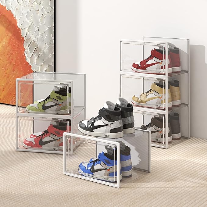 SEE SPRING 6 Pack Shoe Storage Box, Clear Plastic Stackable Shoe Organizer for Closet, X-Large Shoe Containers Bins Holders for Display Sneaker Fit up to Size 14 (Clear)