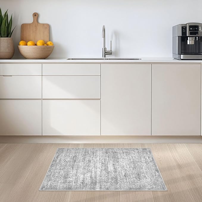 2x3 Entryway Area Rug: Washable Neutral Modern Abstract Small Rug - Non-Slip Low Pile Throw Indoor Carpet for Entrance Kitchen Front Door Mat Bathroom Entry Kids Room - Vintage Grey