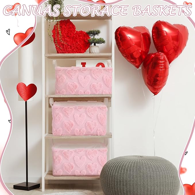 Kathfly Pink Heart Storage Baskets Valentine's Day Plush Faux Fur Jacquard Design Laundry Basket with Handles Waterproof Storage Bins Fabric Shelf Baskets for Organizing