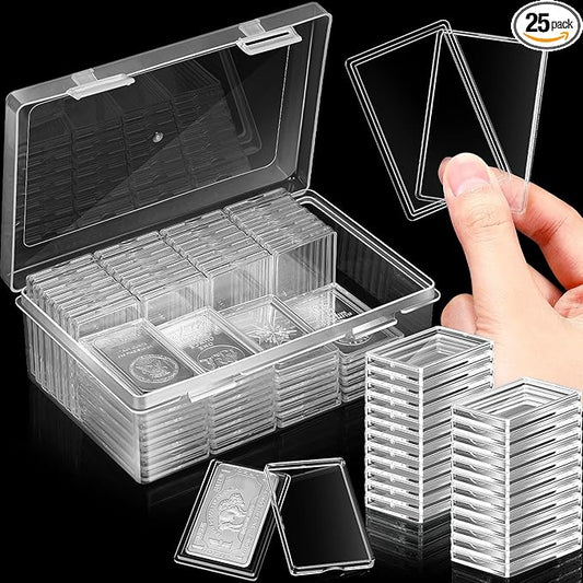 Batiyeer 25 Pcs 1 oz Silver Bar Case Holder Clear Acrylic Bar Capsule Storage Container for 1 Ounce Holder with Plastic Storage Box for Collectors Investors