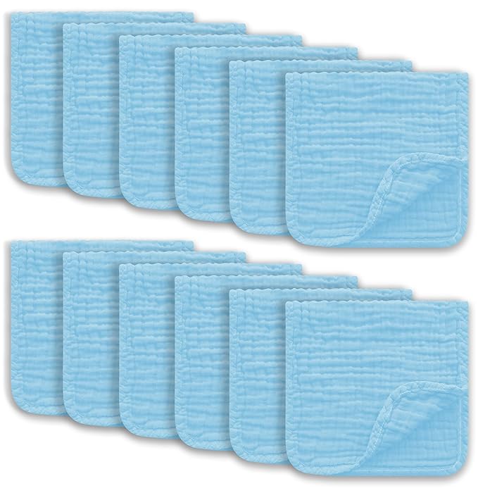 Muslin Burp Cloths Large 100% Cotton Hand Washcloths for Boys & Girls, Baby Essentials Extra Absorbent and Soft Burping Rags for Newborn Registry (Aqua, 12-Pack, 20" X10")