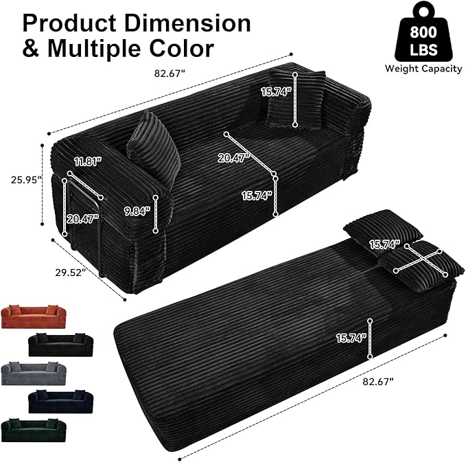 83'' Boneless Couch in A Box, No Assembly Needed Sofa Bed Couch 3 Seater Corduroy Modern Cloud Sofa 29'' Deep Seat with 2 Pillows & Removable Backrest for Living Room, Bedroom, Apartment, Black | No Assembly Needed, High Density Foam, Removable Backres...