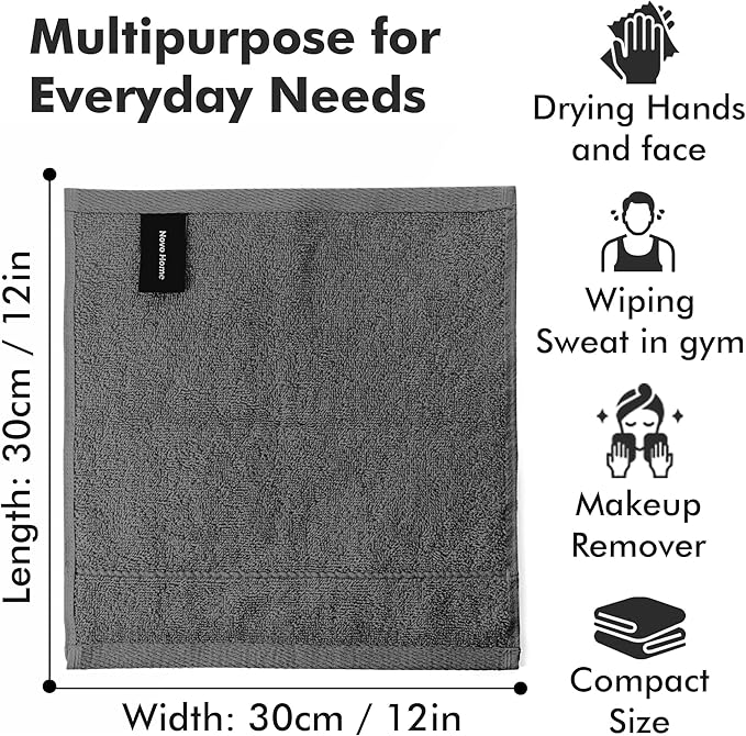 Face Towels Pack of 12 – 100% Cotton Wash Cloths (12x12 inch) – Soft, Quick Dry & Highly Absorbent Hand Towels for Bathroom, Spa, Gym, Kitchen and for Daily Use - (Dark Grey)