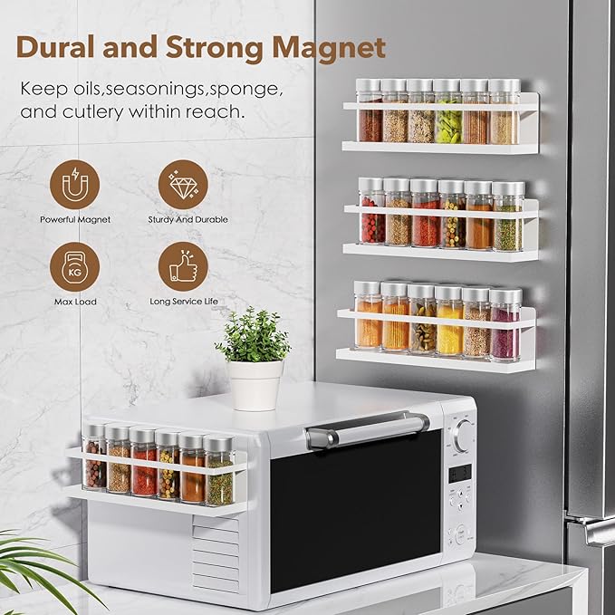 Magnetic Spice Rack for Refrigerator, Magnetic Fridge Shelf for Kitchen Spice Organizer, Spice Rack Wall Mount, Fridge Organizers and Storage (4, White)