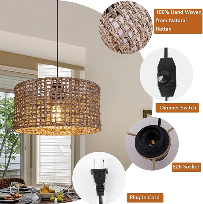 HuisMier Plug in Pendant Light with Hand Woven Rattan Lampshade, Dimmable Hanging Lamp with 15 FT Plug in Cord, Boho Pendant Light Fixture for Bedroom Kitchen Island Dinning Table