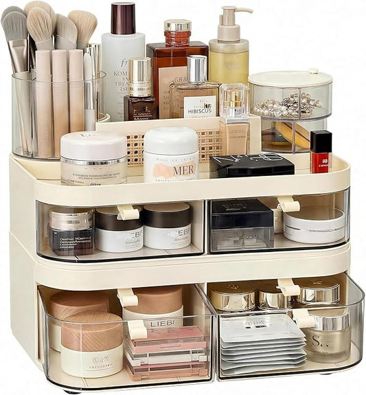 Large Rotating Makeup Organizer with Drawers, 3 Tier Skincare Storage Tower for Vanity, Bathroom Countertop Cosmetic Display Case with Brush Holder & Handle
