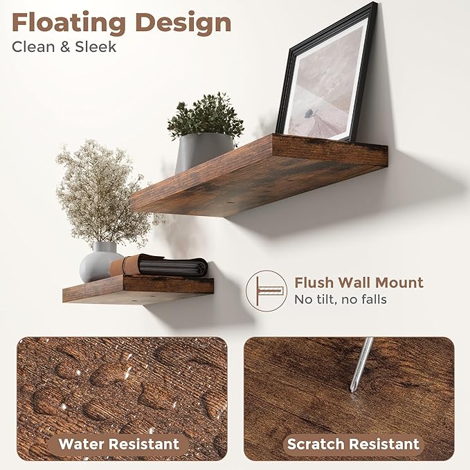 48 Inch Floating Shelves for Wall Set of 2, 8"D Wood Grain Bathroom Shelves with Invisible Brackets, Easy Install Engineered Wood Storage Shelves for Kitchen, Living Room, Bedroom, Rustic Brown Finish