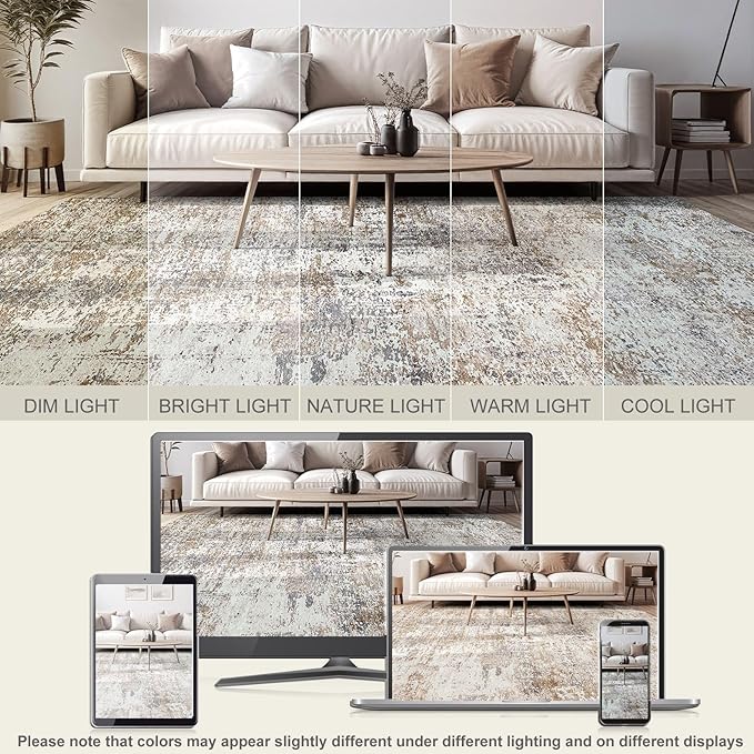 Area Rug Living Room Rugs - 5x7 Abstract Large Soft Indoor Washable Rug Neutral Modern Low Pile Carpet for Bedroom Dining Room Farmhouse Home Office - Brown/Grey/Black