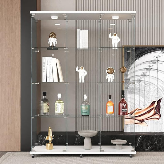 LFT HUIMEI2Y Glass Display Cabinet 12 Shelves with 3 Columns 2 Doors, LED Light and Lock, Extra Large Curio Cabinets Quick-Install Style Tempered Glass Bookshelf for Living Room, Kitchen White