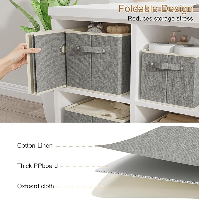 Fabric Open Storage Bins with Metal Handles, Collapsible Organizer Baskets, Foldable Cube Boxes for Shelves, Closet, Living Room, 15x9.8x9.8in, Grey, 2 Pack