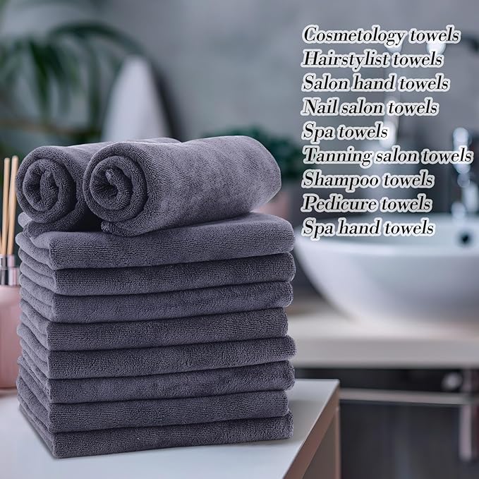 50 Pack Bleach Proof Towels Microfiber Absorbent Resistant Hair Hand Towels Bulk Quick Dry for Barber Gym Bath Spa Shaving (Grey,Classic)