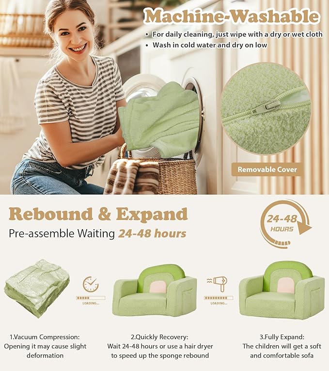 Kids Couch, 2-in-1 Soft Toddler Couch Fold Out with Blanket, Comfy Toddler Chair, Convertible Sofa, Gifts for Kids Girl Boys, Medium Green Rainbow