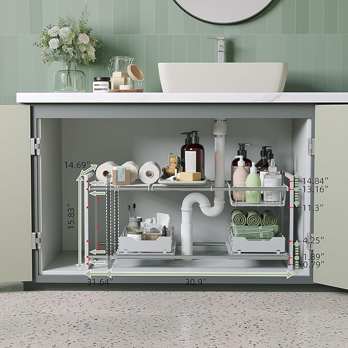 Under Sink Organizers and Storage,Kitchen Cabinet Organizer,2 Tier Under Sink Expandable Shelves，Bathroom Cabinet Organizer with Pull Out Drawers,(30.9-31.64)" W x 14.69" D x 15.83" H,White