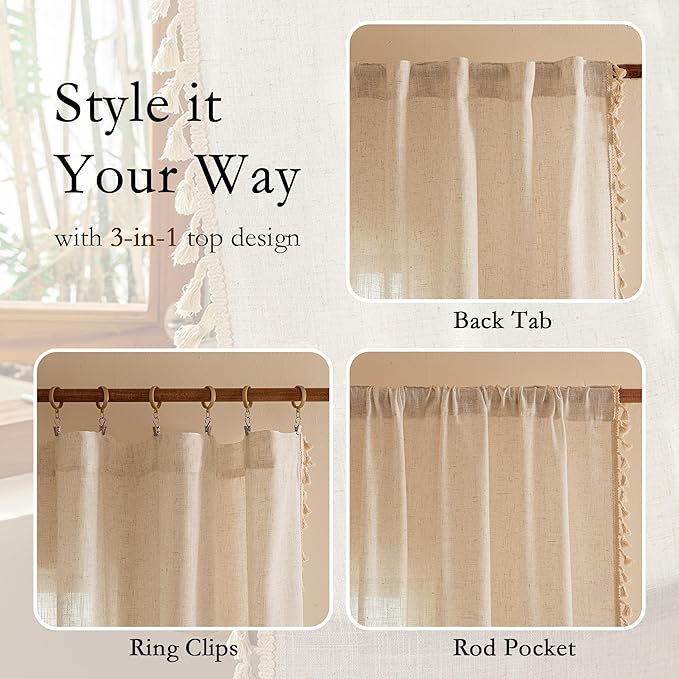 MYSKY HOME Bohemian Linen Sheer Macrame Curtains 72 Inch Length, Back Tab Country Farmhouse Light Filtering Privacy Short Drapes for Bedroom Living Room, 50" W×72" L, Linen, 2 Panels