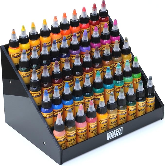 acrylic display stand organizer for tattoo inks, nail polish bottles and other beauty essentials that keeps them organized, secured and ready to use.