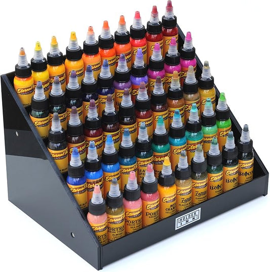 acrylic display stand organizer for tattoo inks, nail polish bottles and other beauty essentials that keeps them organized, secured and ready to use.