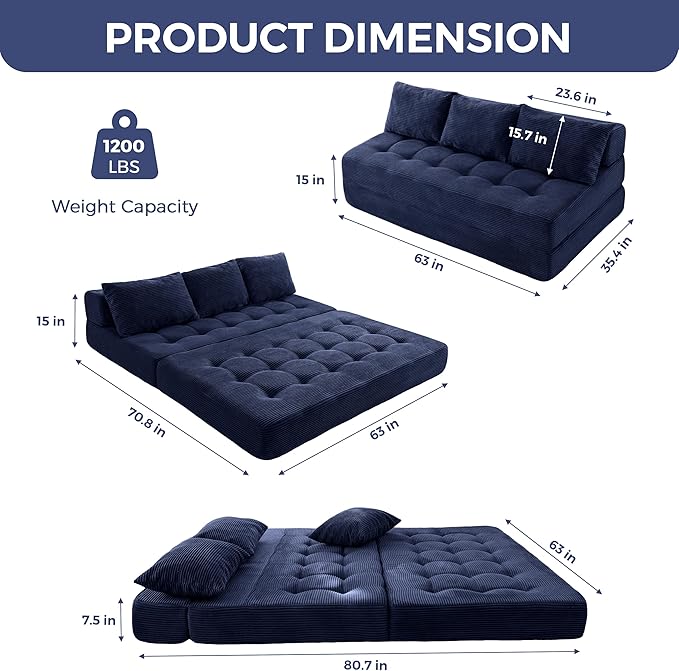 MAXYOYO Folding Sofa Couch, Convertible Floor Sleeper Couch with 3 Pillows, Tufted Floor Oversized Loveseat Couch Tufted Fold Out Chair Bed Comfy Sofa Lounge for Living Room Bedroom, Navy