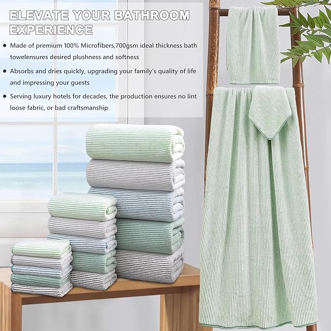 4 Piece Bath Towel Set 35"x70"Oversized Bath Towel for Bathroom Ultra Soft Fluffy Extra Large Bath Sheet Luxury Premium Bathroom Towel Highly Absorbent Quick Dry Shower Towel for Hotel Spa,Green White